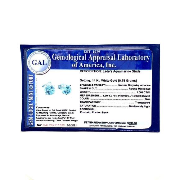 Natural Aquamarine Stud Earrings 14k White Gold 1.0 CTW Certified $590 111539 - Picture 11 of 11
